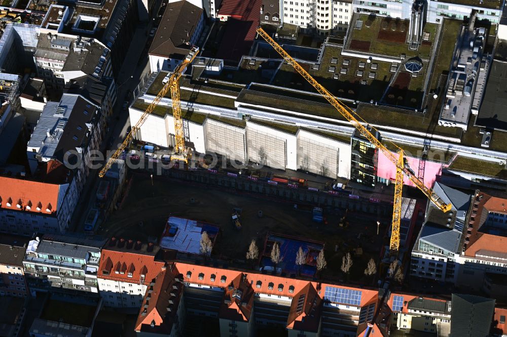 München from above - Construction site to build a new office and commercial building on street Adolf-Kolping-Strasse in the district Ludwigsvorstadt-Isarvorstadt in Munich in the state Bavaria, Germany