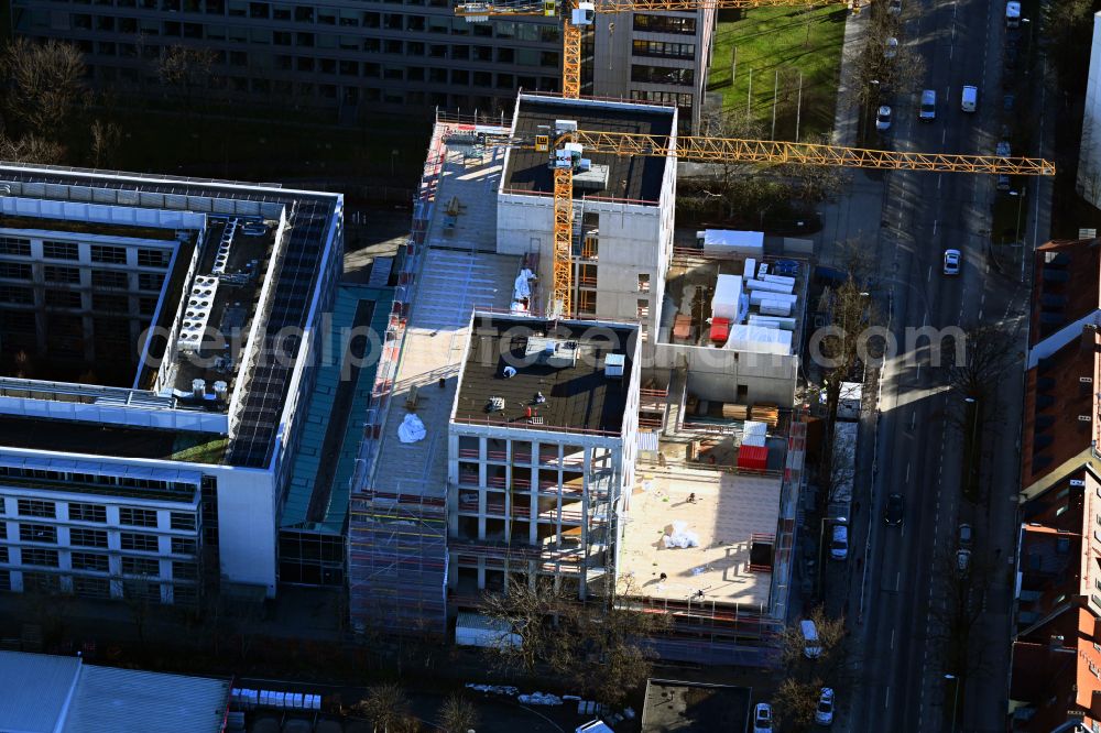 München from above - Construction site to build a new office and commercial building on street Elsenheimerstrasse - Georg-Lotter-Weg in the district Laim in Munich in the state Bavaria, Germany