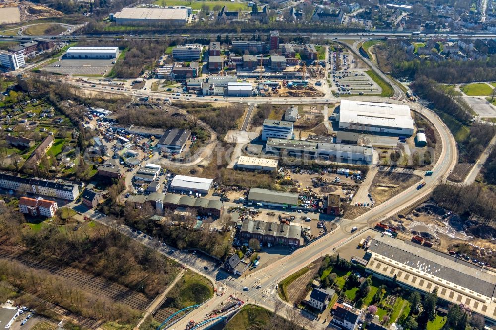 Essen from the bird's eye view: Construction site to build a new office and commercial building of TUeV NORD AG Am Technologiepark in the district Frillendorf in Essen in the state North Rhine-Westphalia, Germany