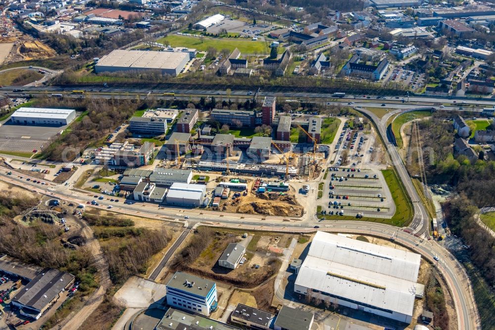 Aerial image Essen - Construction site to build a new office and commercial building of TUeV NORD AG Am Technologiepark in the district Frillendorf in Essen in the state North Rhine-Westphalia, Germany