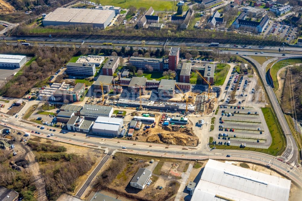 Aerial photograph Essen - Construction site to build a new office and commercial building of TUeV NORD AG Am Technologiepark in the district Frillendorf in Essen in the state North Rhine-Westphalia, Germany