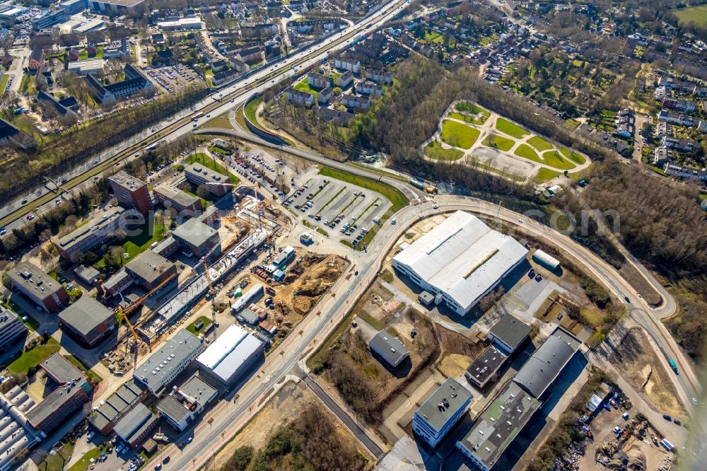 Essen from above - Construction site to build a new office and commercial building of TUeV NORD AG Am Technologiepark in the district Frillendorf in Essen in the state North Rhine-Westphalia, Germany