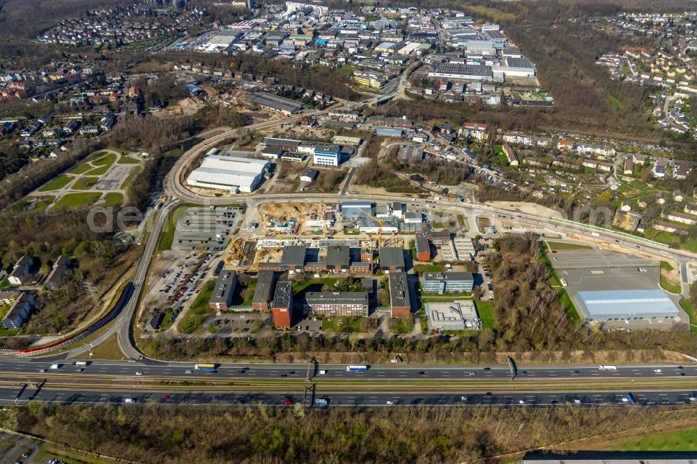 Essen from the bird's eye view: Construction site to build a new office and commercial building of TUeV NORD AG Am Technologiepark in the district Frillendorf in Essen in the state North Rhine-Westphalia, Germany