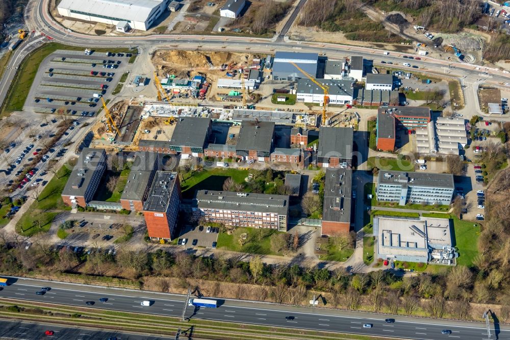 Aerial image Essen - Construction site to build a new office and commercial building of TUeV NORD AG Am Technologiepark in the district Frillendorf in Essen in the state North Rhine-Westphalia, Germany