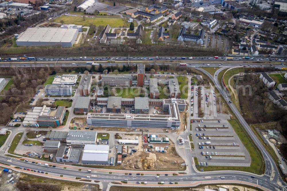 Essen from above - Construction site to build a new office and commercial building of TUeV NORD AG Am Technologiepark in the district Frillendorf in Essen in the state North Rhine-Westphalia, Germany