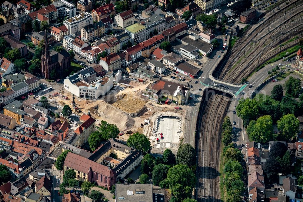 Offenburg from the bird's eye view: Construction site to build a new office and commercial building Offenburg in Offenburg in the state Baden-Wuerttemberg, Germany