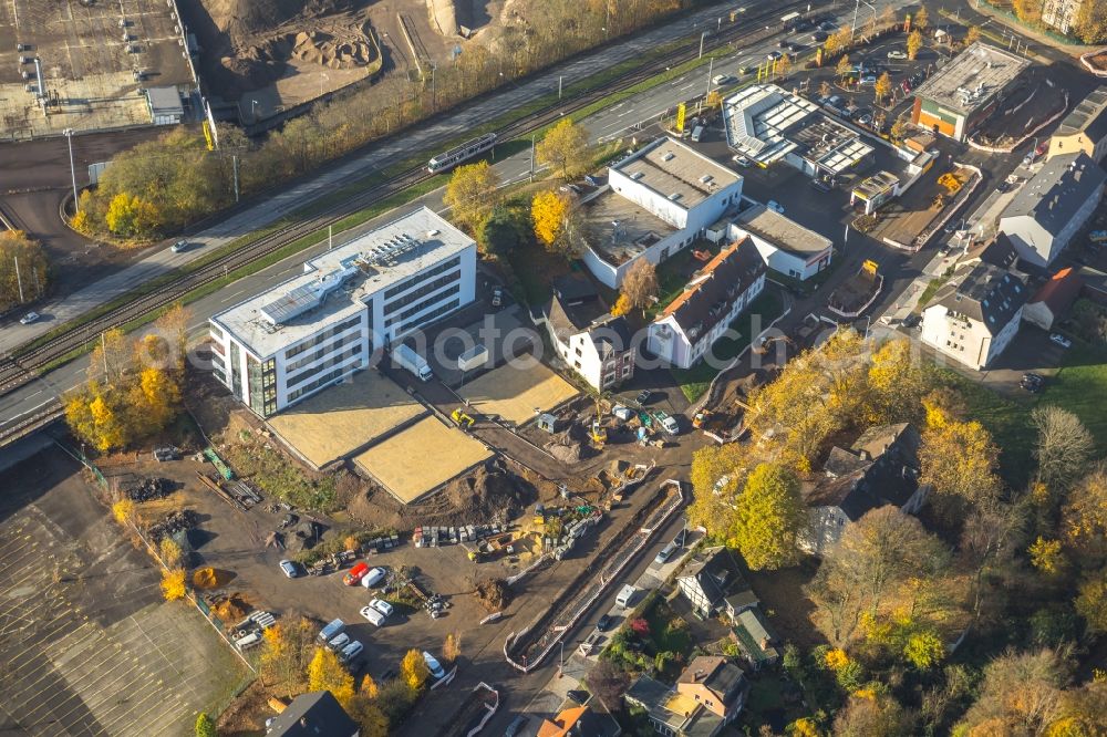 Bochum from above - Construction site to build a new office and commercial building office 51A?7 of Goldbeck West GmbH in the district Laer in Bochum in the state North Rhine-Westphalia, Germany