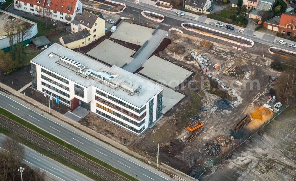 Bochum from the bird's eye view: Construction site to build a new office and commercial building office 51A?7 of Goldbeck West GmbH in the district Laer in Bochum in the state North Rhine-Westphalia, Germany