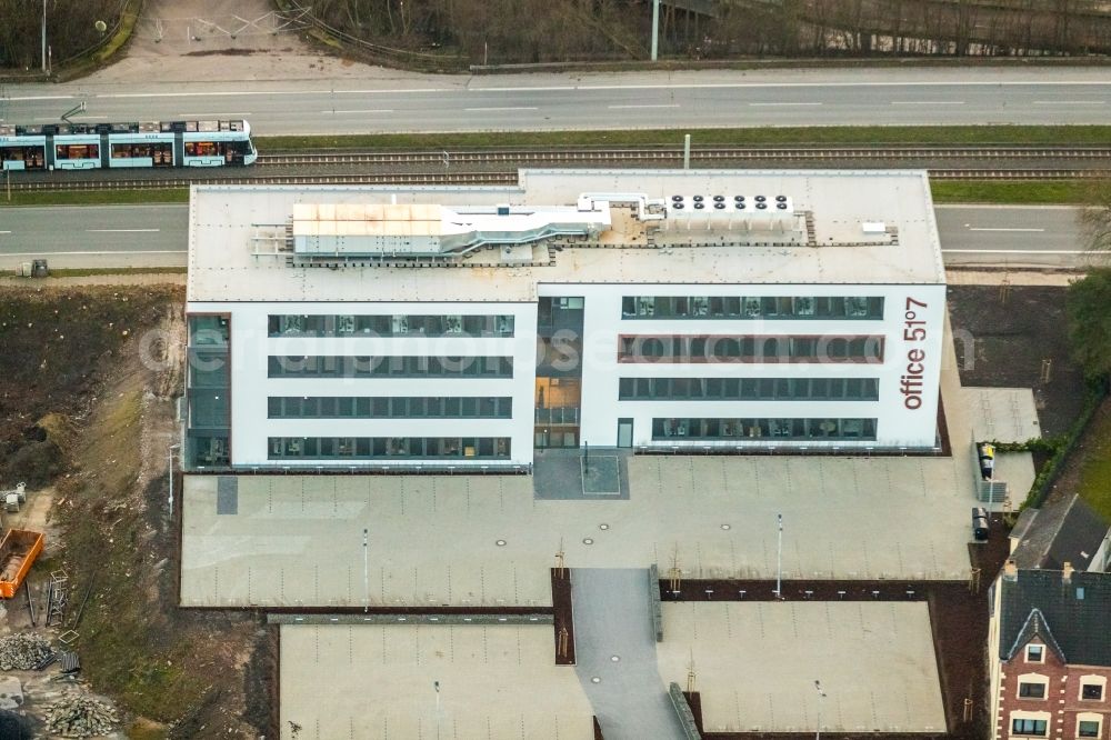 Bochum from the bird's eye view: Construction site to build a new office and commercial building office 51A?7 of Goldbeck West GmbH in the district Laer in Bochum in the state North Rhine-Westphalia, Germany