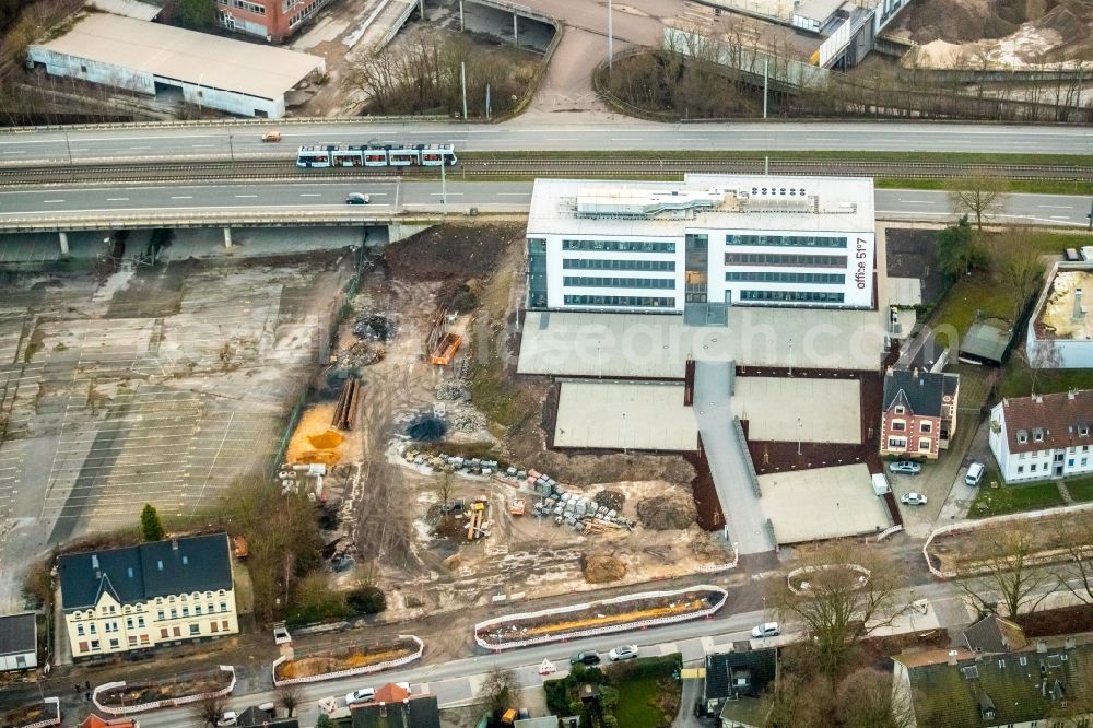 Aerial image Bochum - Construction site to build a new office and commercial building office 51A?7 of Goldbeck West GmbH in the district Laer in Bochum in the state North Rhine-Westphalia, Germany