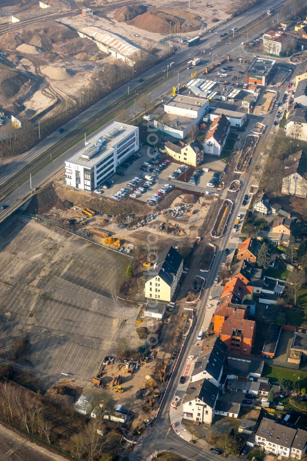 Bochum from the bird's eye view: Construction site to build a new office and commercial building office 51A?7 of Goldbeck West GmbH in the district Laer in Bochum in the state North Rhine-Westphalia, Germany