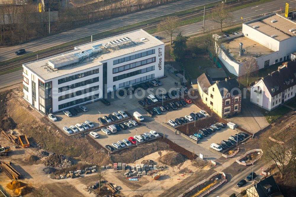 Aerial image Bochum - Construction site to build a new office and commercial building office 51A?7 of Goldbeck West GmbH in the district Laer in Bochum in the state North Rhine-Westphalia, Germany