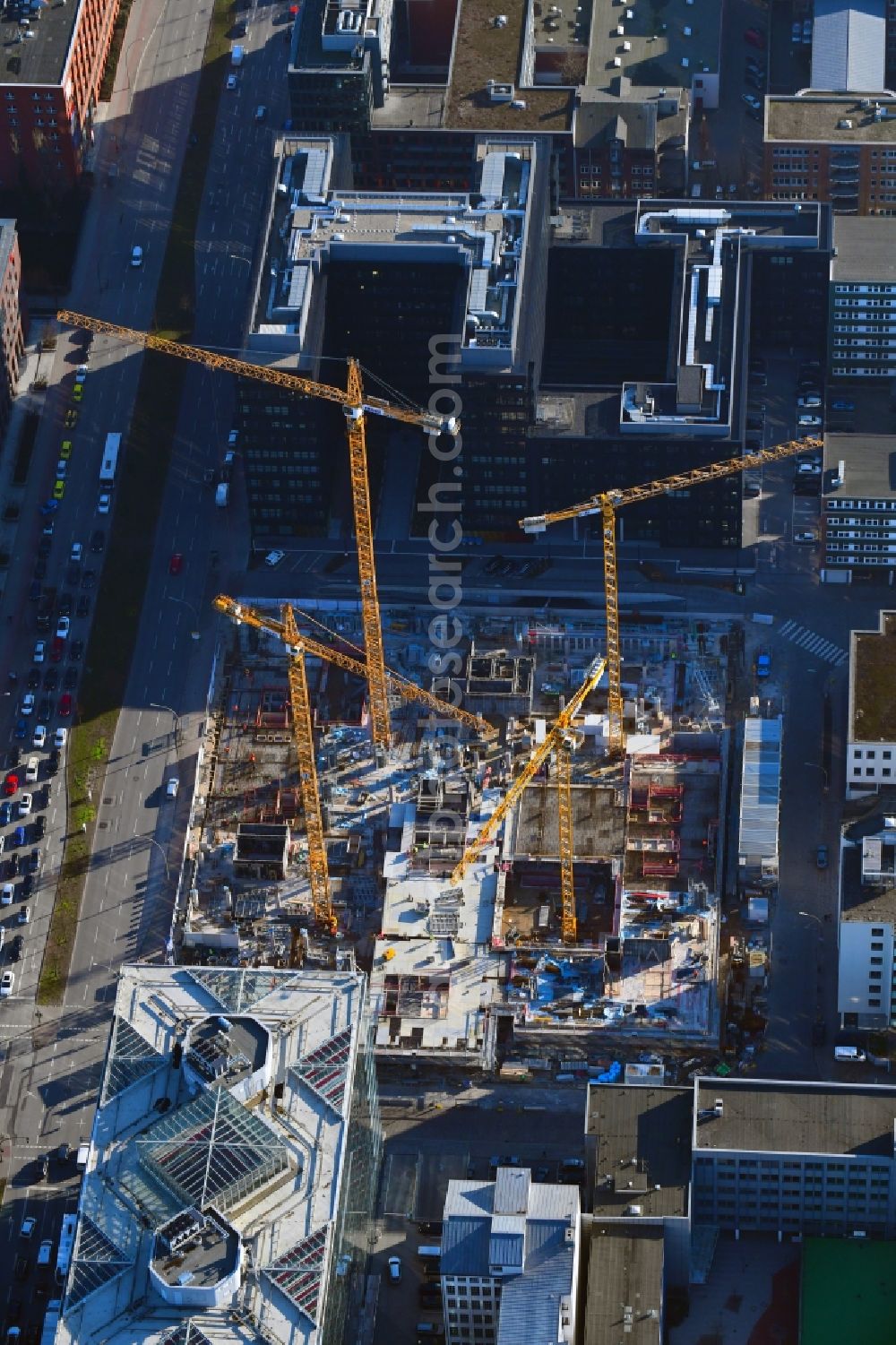 Hamburg from the bird's eye view: Construction site to build a new office and commercial building of Olympus Campus on Heidenkonpsweg - Wendenstrasse in Hamburg, Germany