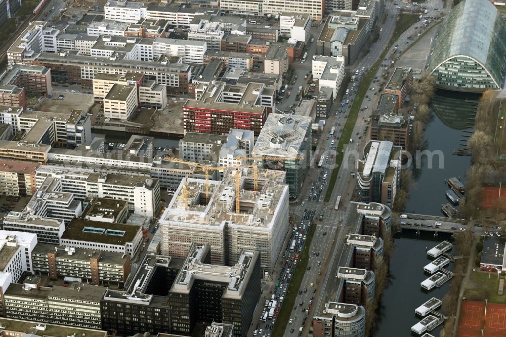 Hamburg from the bird's eye view: Construction site to build a new office and commercial building of Olympus Campus on Heidenkonpsweg - Wendenstrasse in Hamburg, Germany