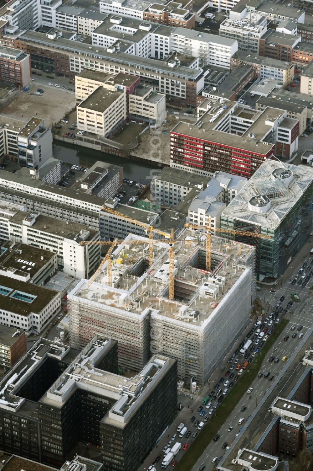 Aerial photograph Hamburg - Construction site to build a new office and commercial building of Olympus Campus on Heidenkonpsweg - Wendenstrasse in Hamburg, Germany