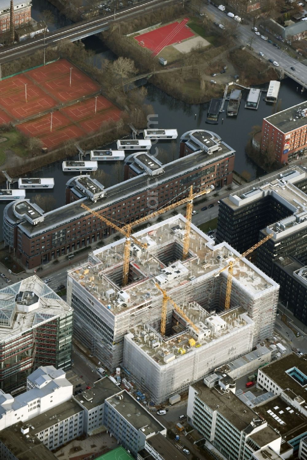 Hamburg from above - Construction site to build a new office and commercial building of Olympus Campus on Heidenkonpsweg - Wendenstrasse in Hamburg, Germany