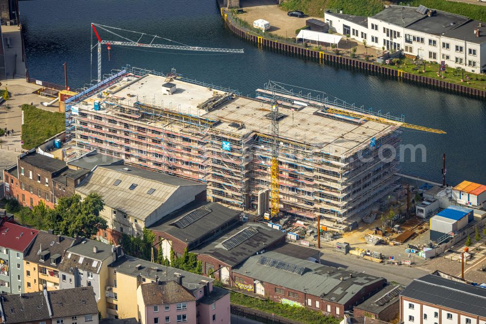 Dortmund from above - Construction site to build a new office and commercial building on street Speicherstrasse - Hafenpromenade in the district Hafen in Dortmund at Ruhrgebiet in the state North Rhine-Westphalia, Germany