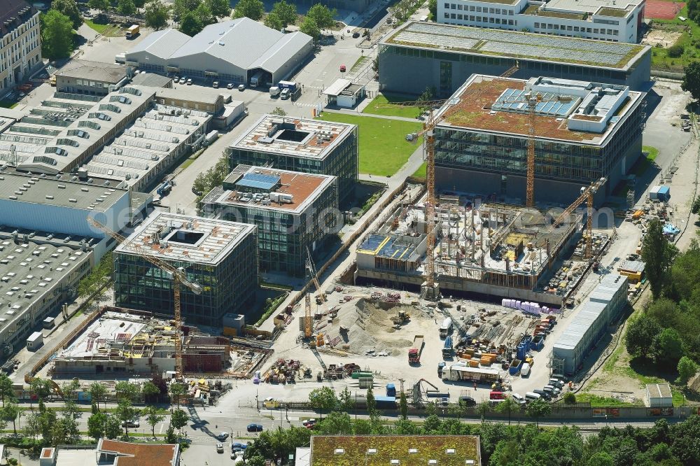 München from above - Construction site to build a new office and commercial building on Lerchenauer Strasse corner Am Oberwiesenfeld in the district Milbertshofen-Am Hart in Munich in the state Bavaria, Germany