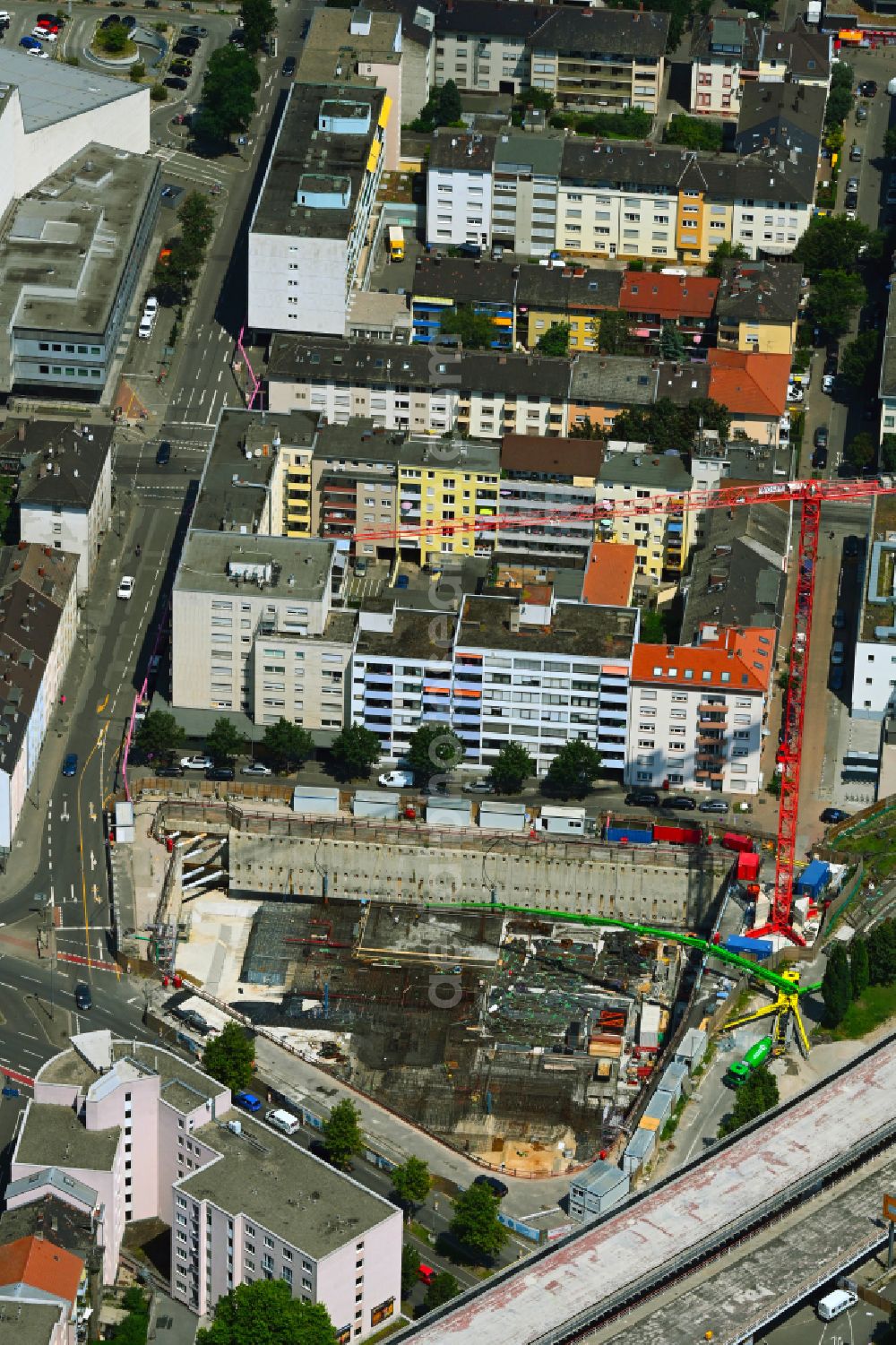 Ludwigshafen am Rhein from the bird's eye view: Construction site to build a new office and commercial building on street Dammstrasse - Woerthstrasse in the district Mitte in Ludwigshafen am Rhein in the state Rhineland-Palatinate, Germany