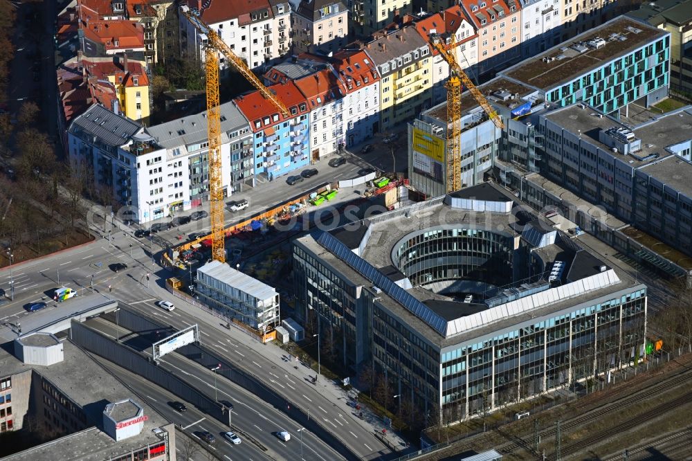 Aerial photograph München - Construction site to build a new office and commercial building Ridlerstrasse corner Garmischer Strasse in the district Schwanthalerhoehe in Munich in the state Bavaria, Germany