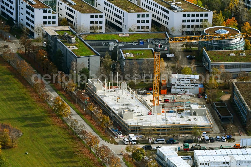 München from the bird's eye view: Construction site to build a new office and commercial building on street Paul-Wassermann-Strasse - Am Huellgraben in the district Trudering-Riem in Munich in the state Bavaria, Germany