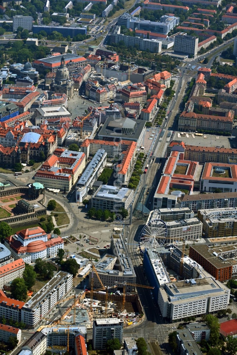 Dresden from above - Construction site to build a new office and commercial building of TLG-Neubauprojekts Annenhoefe along the Freiberger und Hertha-Lindner-Strasse in the district Wilsdruffer Vorstadt in Dresden in the state Saxony, Germany