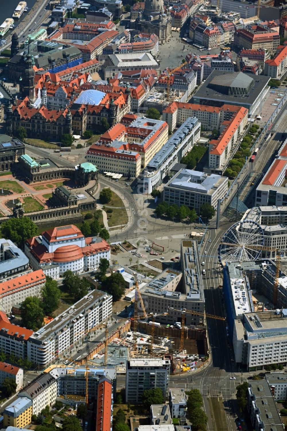 Dresden from the bird's eye view: Construction site to build a new office and commercial building of TLG-Neubauprojekts Annenhoefe along the Freiberger und Hertha-Lindner-Strasse in the district Wilsdruffer Vorstadt in Dresden in the state Saxony, Germany