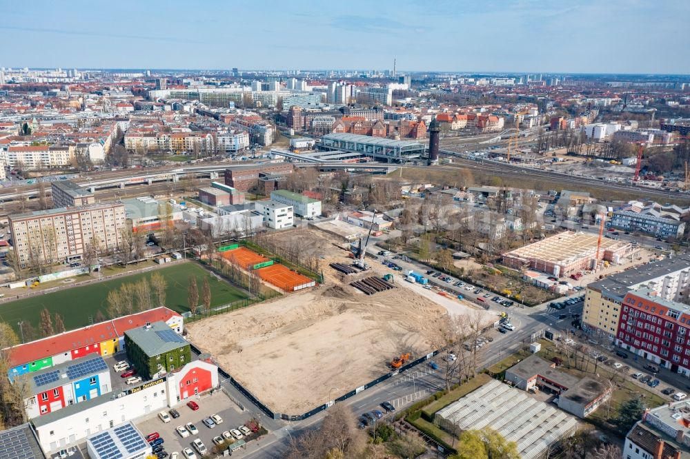 Berlin from above - Construction site to build a new office and commercial building Ostkreuz Campus in Berlin, Germany