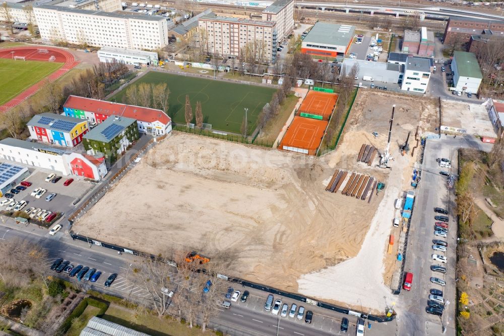 Aerial photograph Berlin - Construction site to build a new office and commercial building Ostkreuz Campus in Berlin, Germany