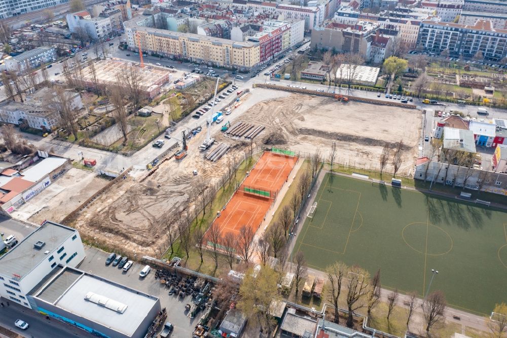 Berlin from above - Construction site to build a new office and commercial building Ostkreuz Campus in Berlin, Germany