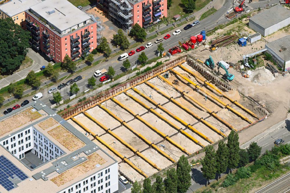 Aerial photograph Potsdam - Construction site to build a new office and commercial building on street Babelsberger Strasse in Potsdam in the state Brandenburg, Germany