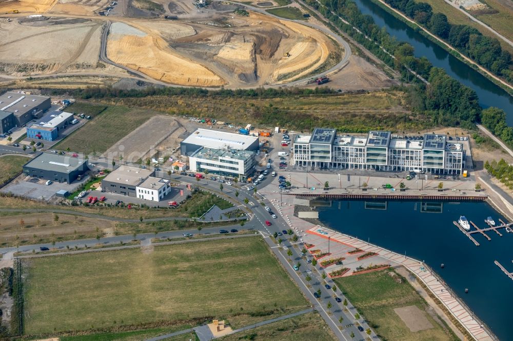 Gelsenkirchen from above - Construction site to build a new office and commercial building of Purax GmbH on Johannes-Rau-Allee in Gelsenkirchen in the state North Rhine-Westphalia, Germany