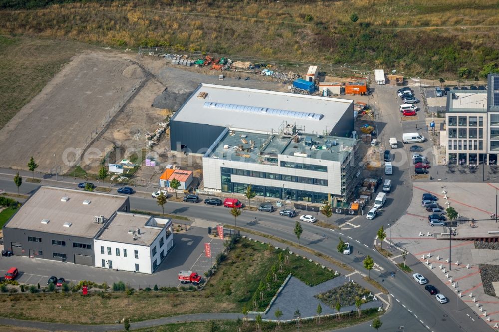 Aerial image Gelsenkirchen - Construction site to build a new office and commercial building of Purax GmbH on Johannes-Rau-Allee in Gelsenkirchen in the state North Rhine-Westphalia, Germany