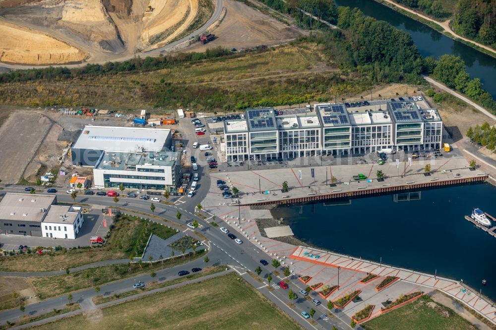 Aerial photograph Gelsenkirchen - Construction site to build a new office and commercial building of Purax GmbH on Johannes-Rau-Allee in Gelsenkirchen in the state North Rhine-Westphalia, Germany