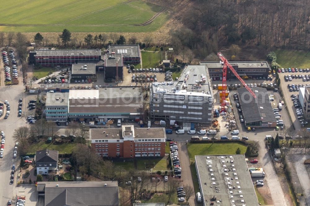 Mülheim an der Ruhr from the bird's eye view: Construction site to build a new office and commercial building of PVS holding GmbH on Solinger Strasse in Muelheim on the Ruhr in the state North Rhine-Westphalia, Germany