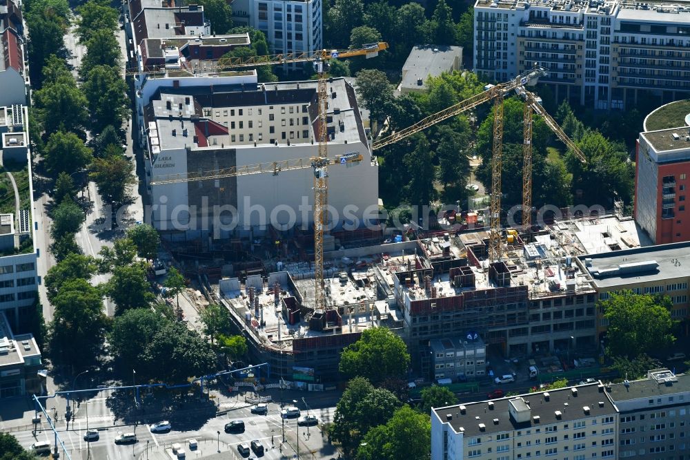 Berlin from above - Construction site to build a new office and commercial building Quartier Bundesallee of SSN Investment Bundesallee Berlin GmbH on Bundesallee corner Nachodstrasse in Berlin, Germany