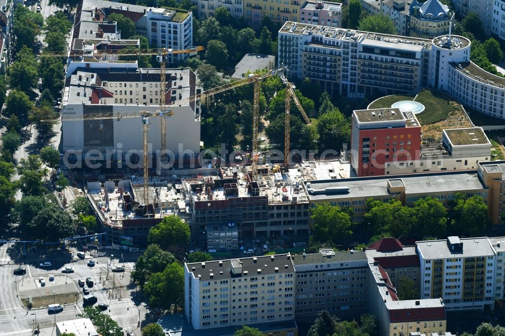 Berlin from the bird's eye view: Construction site to build a new office and commercial building Quartier Bundesallee of SSN Investment Bundesallee Berlin GmbH on Bundesallee corner Nachodstrasse in Berlin, Germany