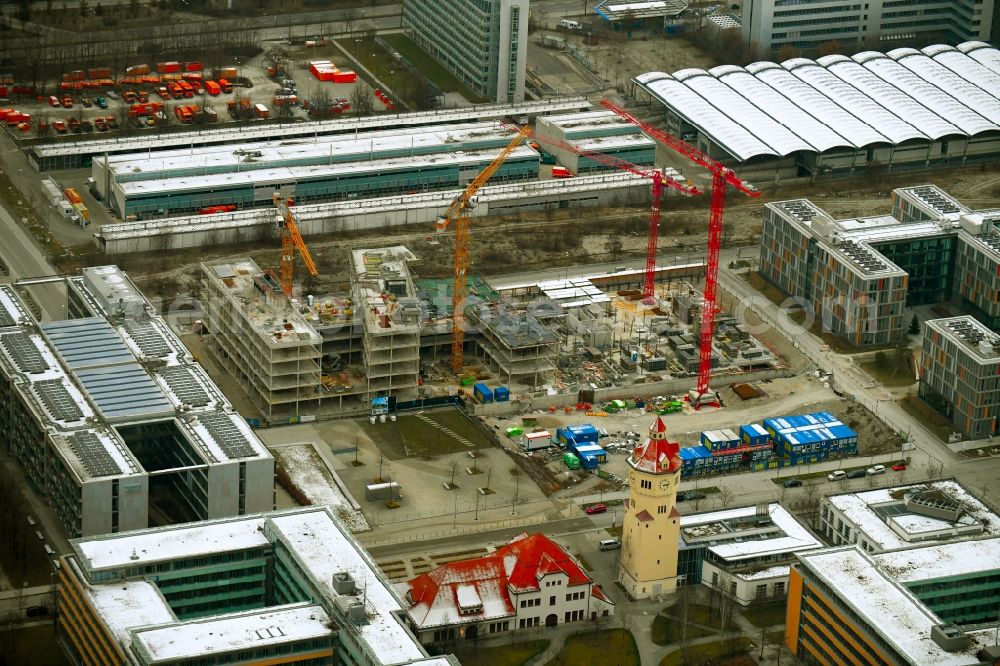 München from above - Construction site to build a new office and commercial building QUBES on Agnes-Pockels-Bogen in the district Moosach in Munich in the state Bavaria, Germany