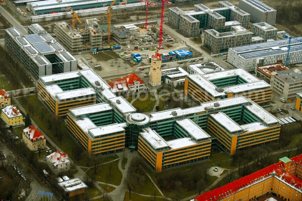 München from the bird's eye view: Construction site to build a new office and commercial building QUBES on Agnes-Pockels-Bogen in the district Moosach in Munich in the state Bavaria, Germany