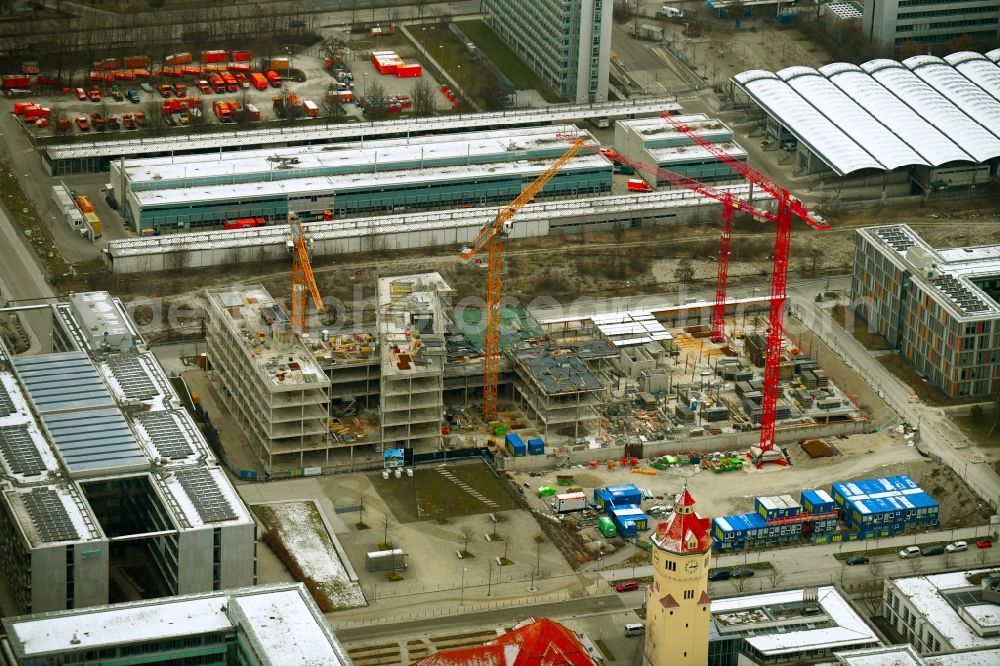 Aerial image München - Construction site to build a new office and commercial building QUBES on Agnes-Pockels-Bogen in the district Moosach in Munich in the state Bavaria, Germany