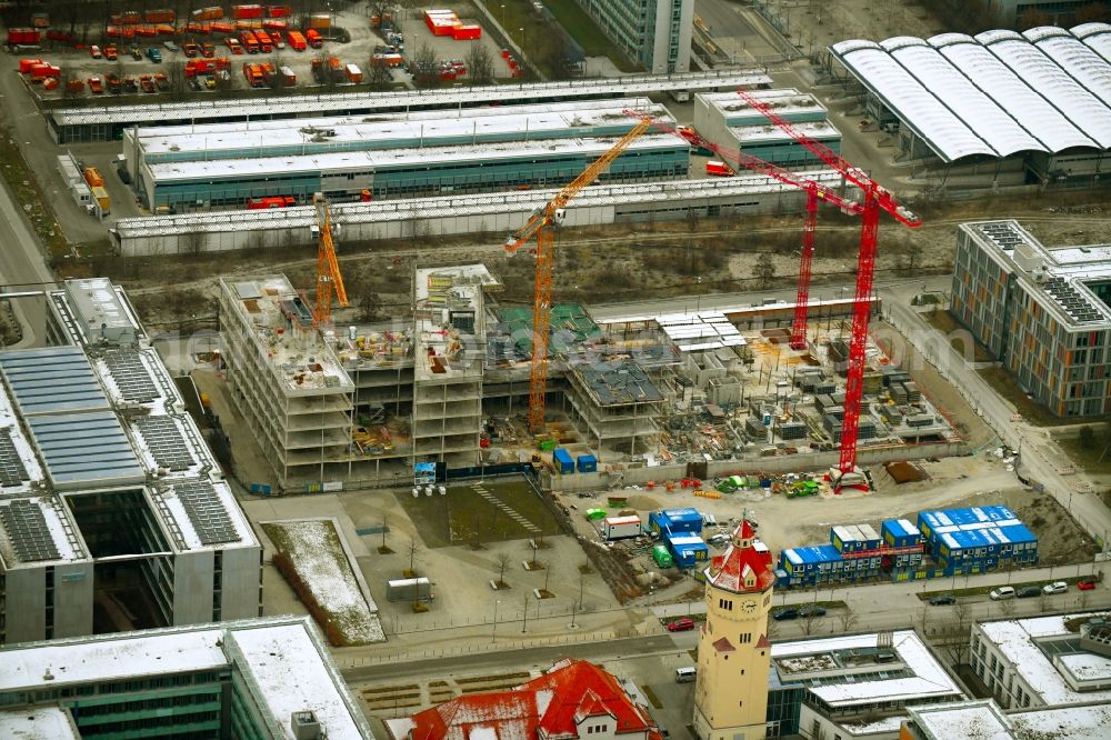 Aerial photograph München - Construction site to build a new office and commercial building QUBES on Agnes-Pockels-Bogen in the district Moosach in Munich in the state Bavaria, Germany