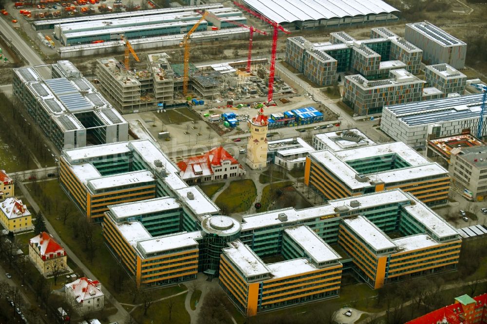 München from above - Construction site to build a new office and commercial building QUBES on Agnes-Pockels-Bogen in the district Moosach in Munich in the state Bavaria, Germany