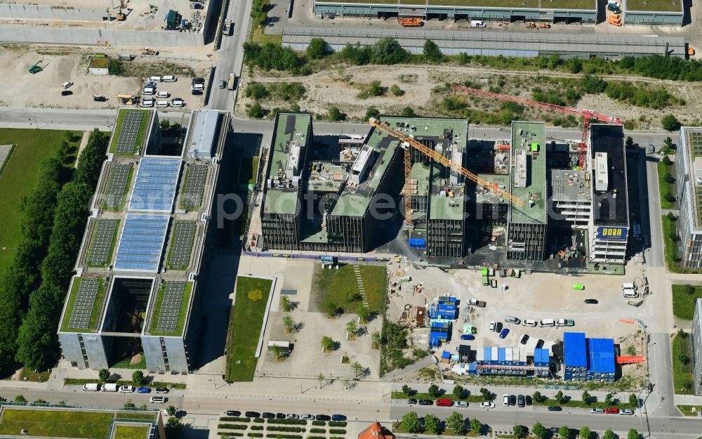 München from above - Construction site to build a new office and commercial building QUBES on Agnes-Pockels-Bogen in the district Moosach in Munich in the state Bavaria, Germany