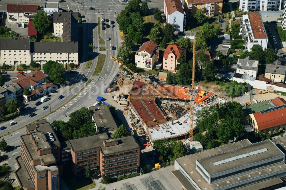 Regensburg from above - Construction site to build a new office and commercial building of REWAG Regensburger Energie- and Wasserversorgung AG & Co KG on Greflingerstrasse in Regensburg in the state Bavaria, Germany