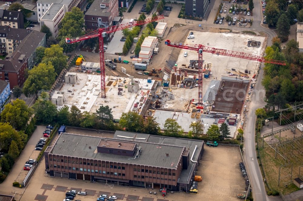 Essen from the bird's eye view: Construction site to build a new office and commercial building of RWE AG on Altenessener Strasse in Essen in the state North Rhine-Westphalia, Germany