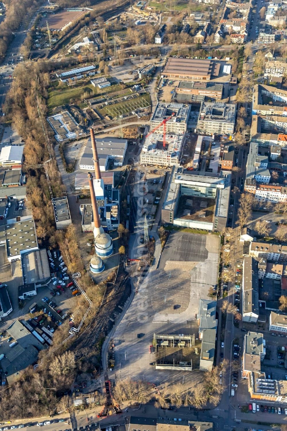 Aerial photograph Essen - Construction site to build a new office and commercial building RWE Campus on Altenessener Strasse in the district Nordviertel in Essen in the state North Rhine-Westphalia, Germany