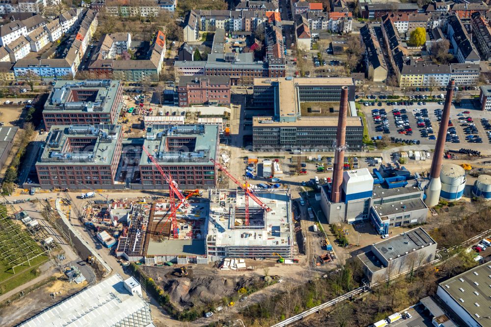 Essen from above - Construction site to build a new office and commercial building of RWE Renewables GmbH on place RWE Platz in the district Nordviertel in Essen at Ruhrgebiet in the state North Rhine-Westphalia, Germany