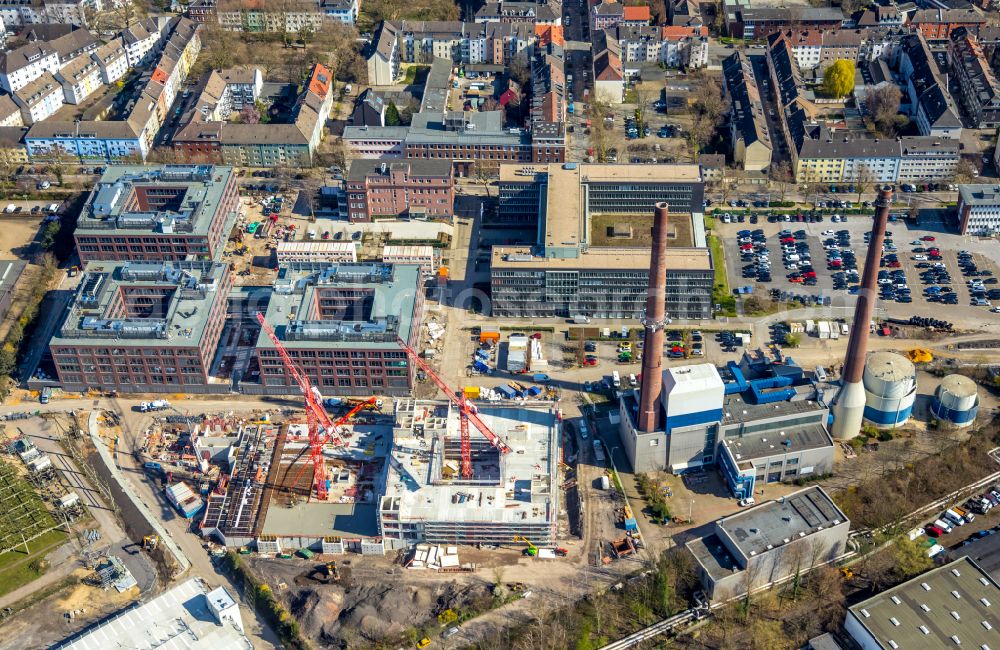 Essen from the bird's eye view: Construction site to build a new office and commercial building of RWE Renewables GmbH on place RWE Platz in the district Nordviertel in Essen at Ruhrgebiet in the state North Rhine-Westphalia, Germany