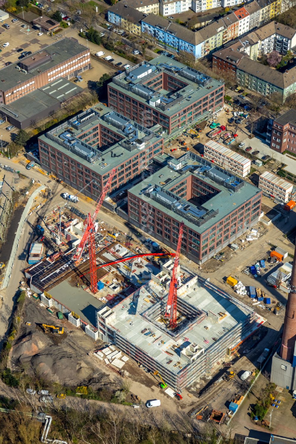 Aerial photograph Essen - Construction site to build a new office and commercial building of RWE Renewables GmbH on place RWE Platz in the district Nordviertel in Essen at Ruhrgebiet in the state North Rhine-Westphalia, Germany