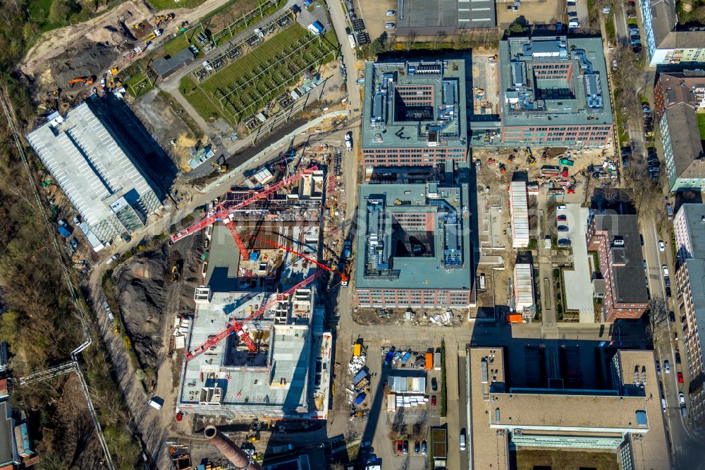 Essen from above - Construction site to build a new office and commercial building of RWE Renewables GmbH on place RWE Platz in the district Nordviertel in Essen at Ruhrgebiet in the state North Rhine-Westphalia, Germany